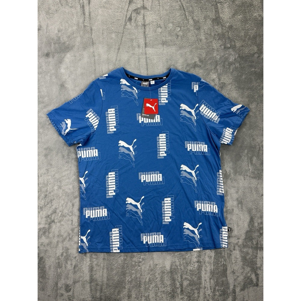 Puma Logo Amplified AOP Tee - Blue Large L New W Tags All Over Print NWT